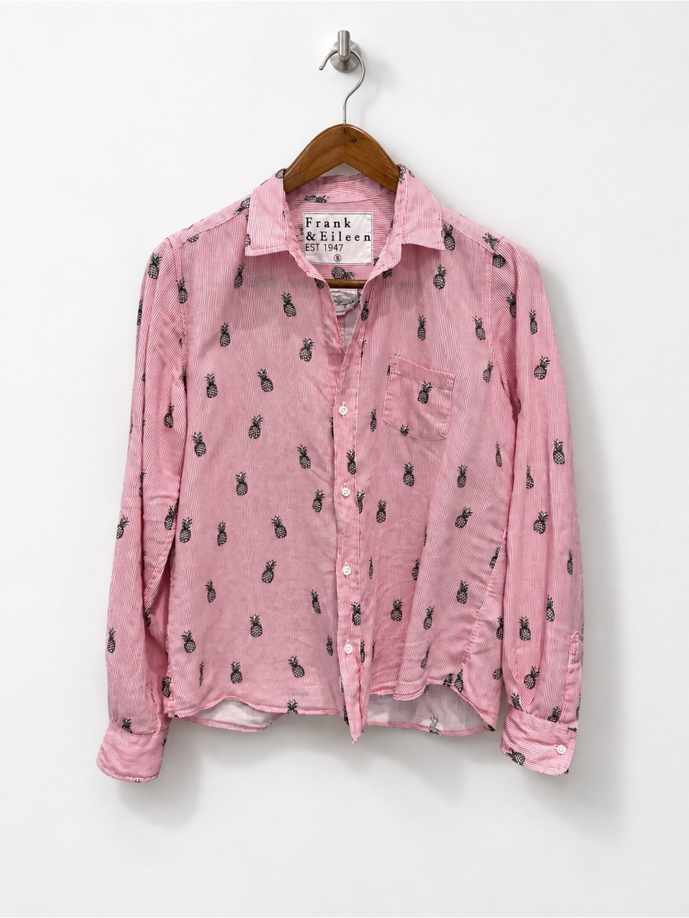 Frank & Eileen Barry Linen Pineapple Shirt M Pink Stripe
